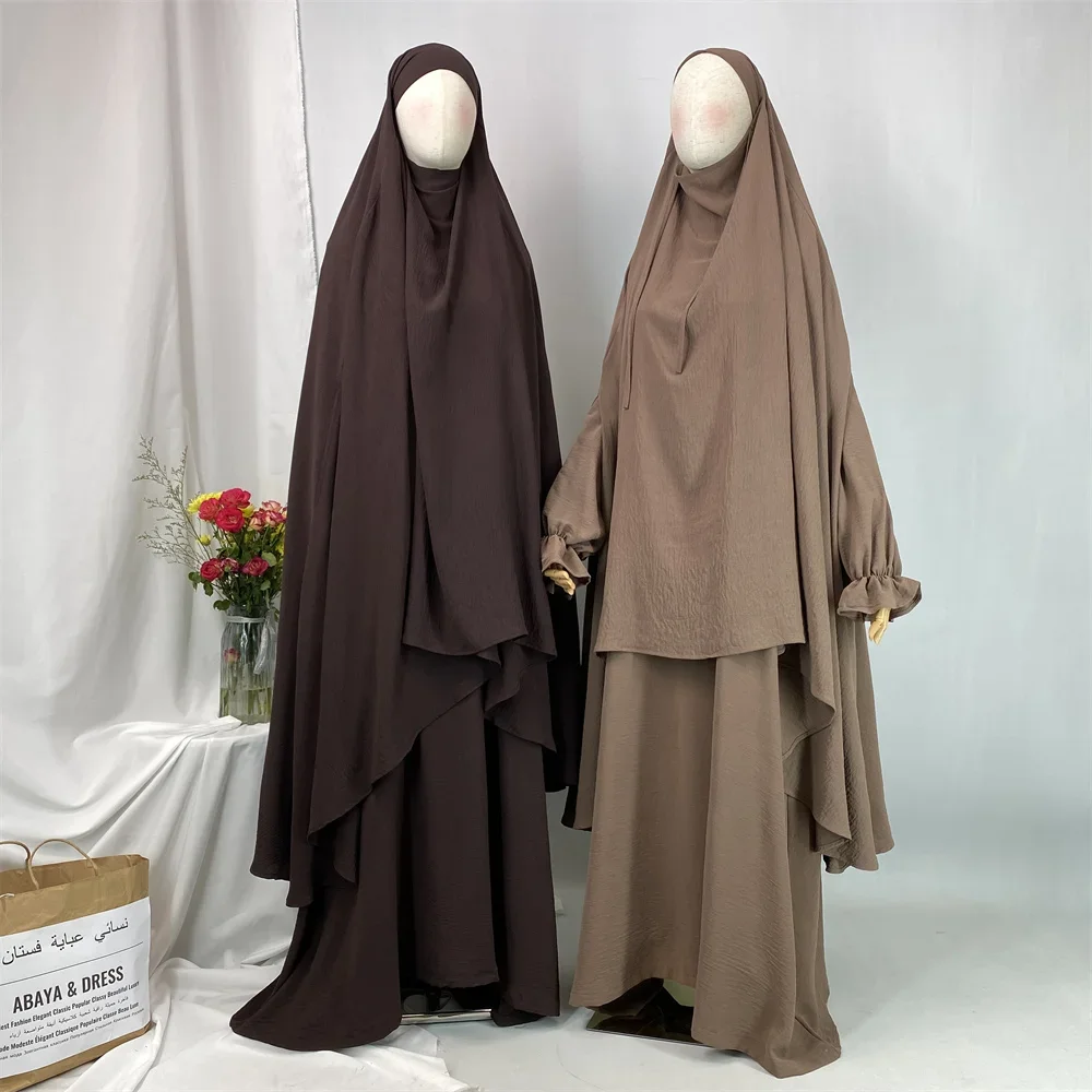 

2PCS Eid Hooded Khimar Jalabiya Abayas Set for Women Muslim Prayer Garment Full Cover Islamic Clothing Dubai Kaftan Hijab Burqa