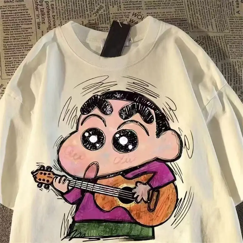 Crayon Shin Chan Guitar Print Casual T Shirt Cute Anime Short Sleeve Tee for Men Women