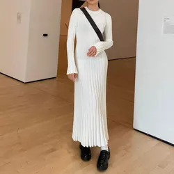 Elegant Fashion Harajuku Slim Fit Women's Clothing All Match Casual A-line Skirt Solid O Neck High Waist Long Sleeve Dresses