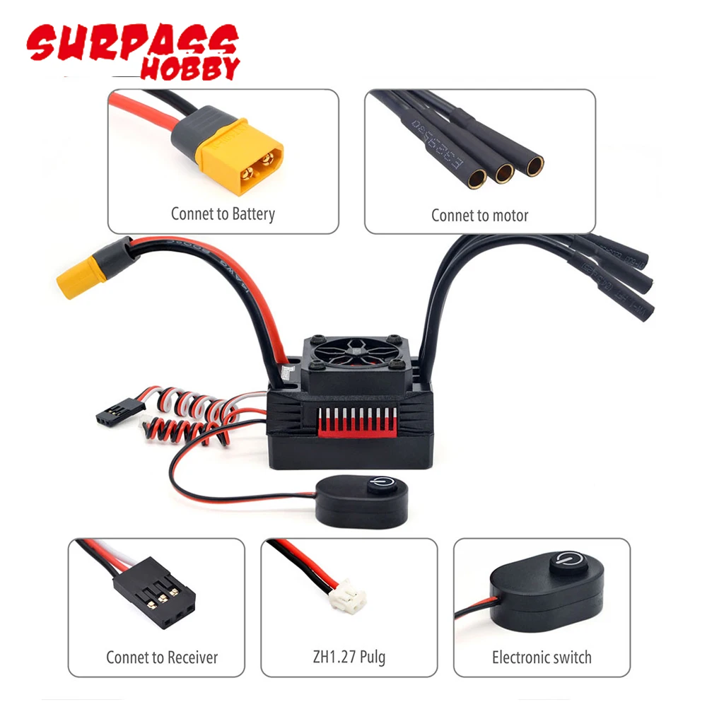 Surpass Hobby Rocket Supersonic V2 Waterproof 45A/60A/80A 2-3S Brushless ESC Electric Speed Controller For 1/8 1/10 1/12 RC Car