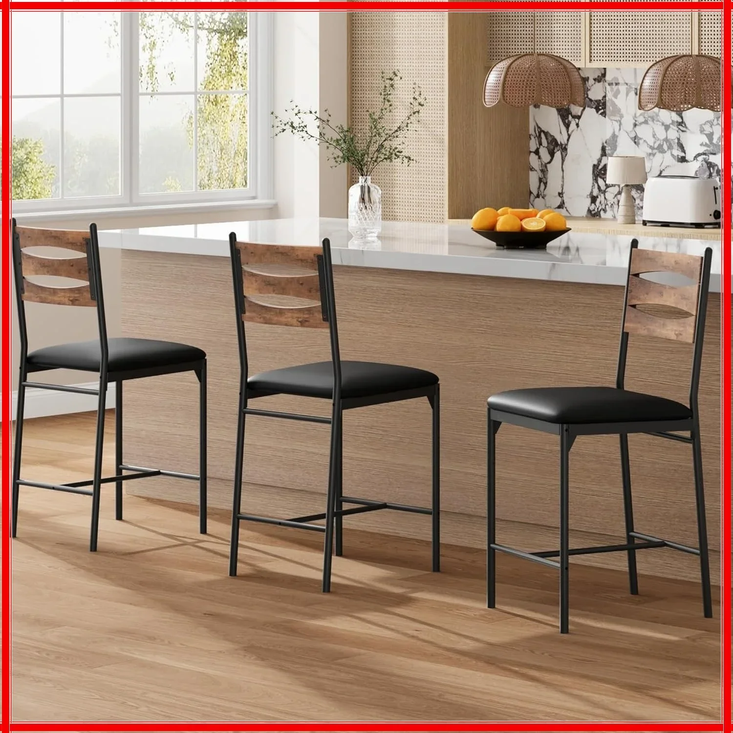 مجموعة مقاعد بار مستديرة مكونة من 2: مقاعد سميكة من الجلد الصناعي مبطنة مع مسند ظهر ومسند للقدمين لبار المنزل الحديث، جزيرة المطبخ