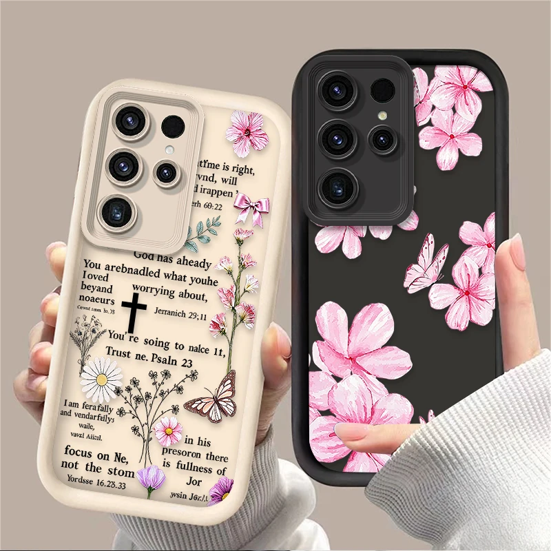 Pink Floral Butterfly Bible Quote Phone Case For Samsung Galaxy S26 S25 Edge S24 S23 Ultra S22 Plus S21 FE A07 A17 4G A37 A57 5G