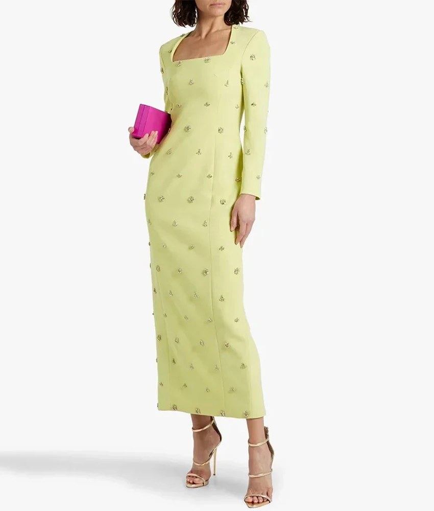 

MCDV Customized Fashion Jersey Straight Crystal Evening Dress High Quality Square Neck Long Sleeves Ankle Length Prom Gowns