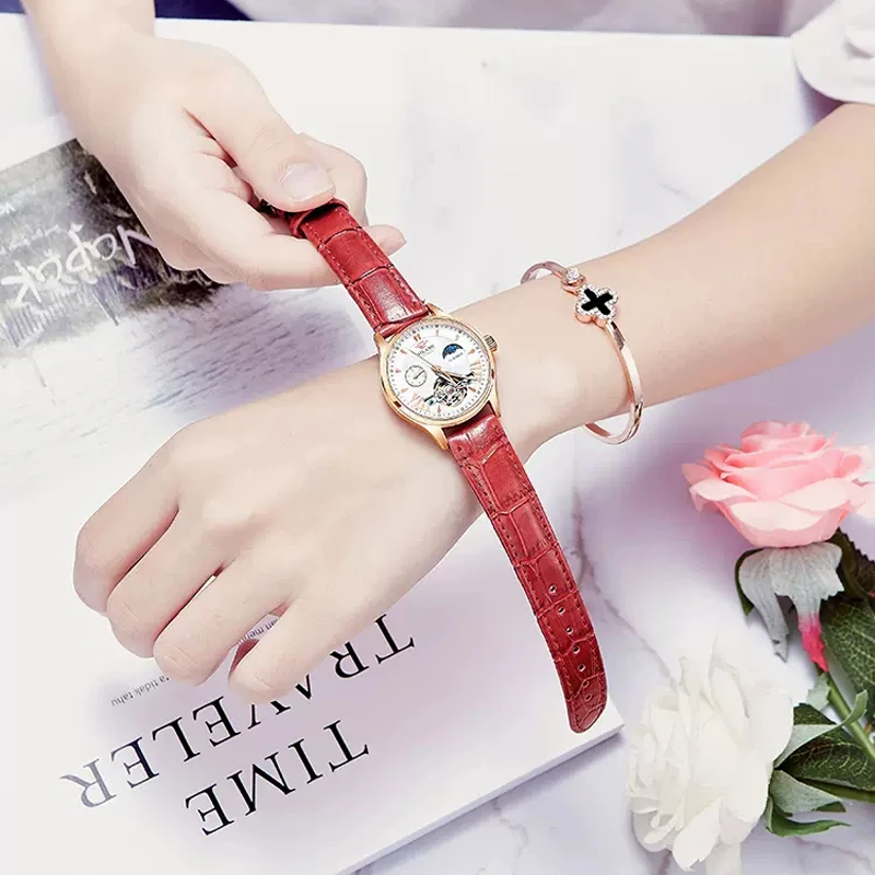 AILANG Luxury Classic Fashion Tourbillon Women Wrist Watch Top Automatic Mechanical Lady Watch Moon Phase Leather Strap Reloj