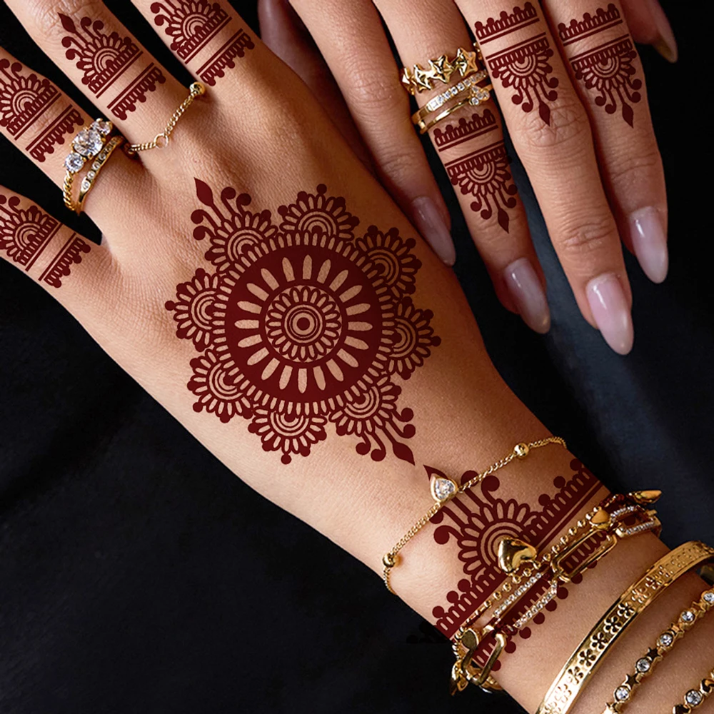 1pc Brown Henna Tattoo Stickers for Women Waterproof Temporary Tattoos Mandala Mehndi Stickers for Hand Flower Fake Tattoo view 3