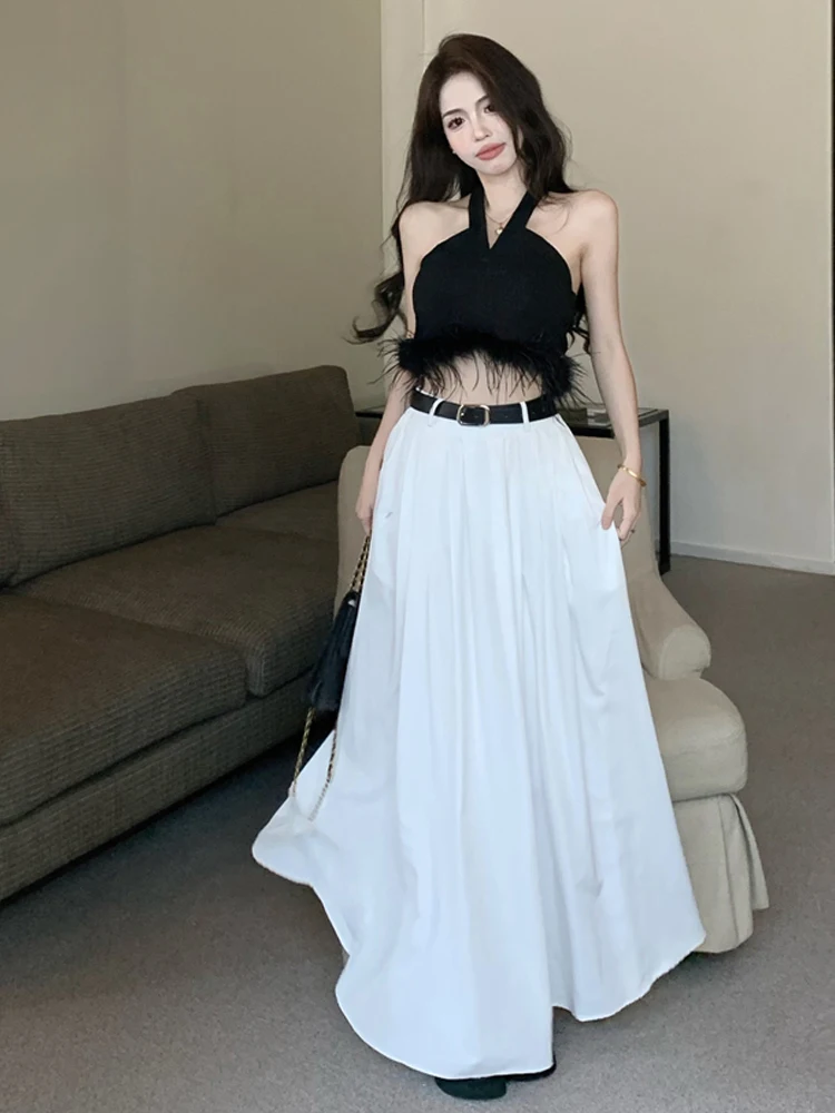 

Sexy Flared A-Line Dress Two-Piece Set with Strap V-Neck Hanging Neck Pure Desire Short Waist Exposure Furry