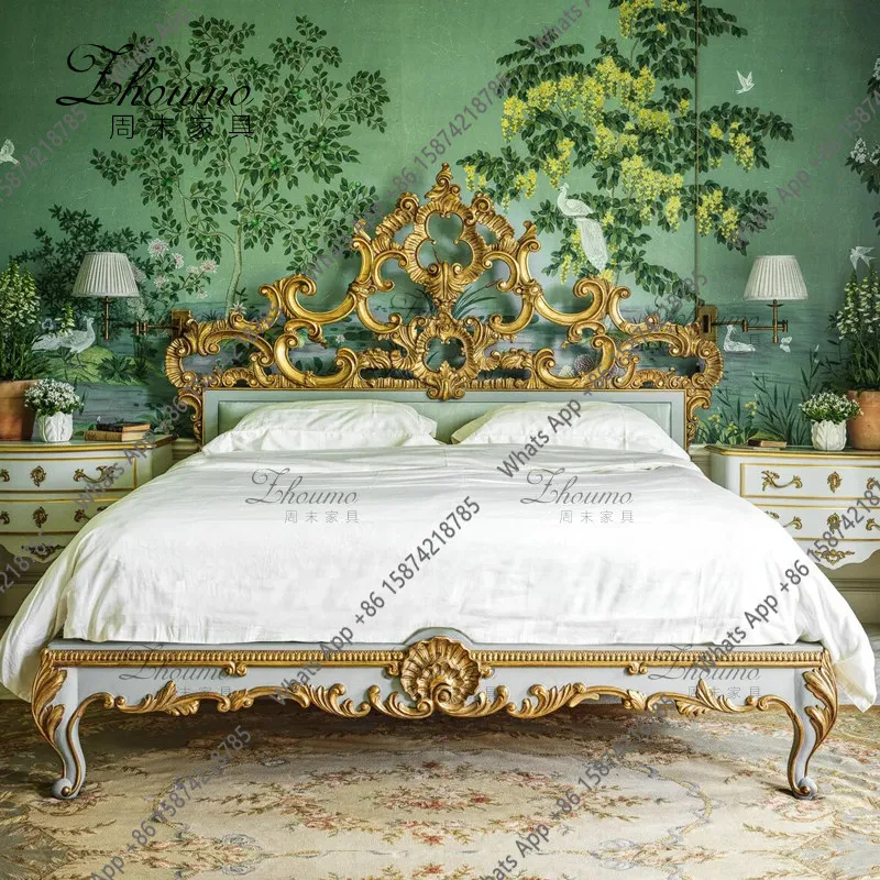 

French light luxury solid wood bed antique hollow carved head master bedroom wedding bed retro simple Italian bed