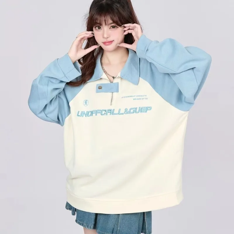 

Korean Casual Kawaii Oversized Shoulder Polo Neck Hoodie for Women Spring and Autumn Thin Lazy Embroidered Letters Sweatshirts