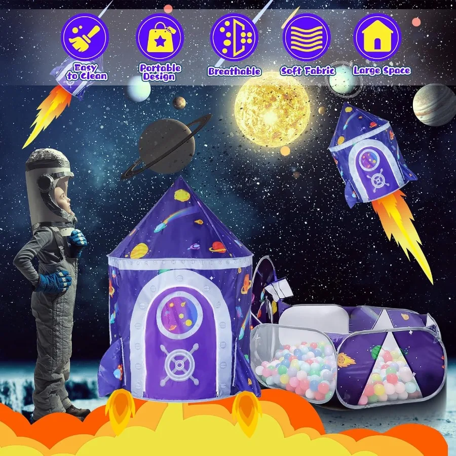Namiot kosmiczny 3-częściowy, tunel do raczkowania, basen z piłeczkami dla maluchów, zabawka do zabawy wewnątrz i na zewnątrz, domek, zamek, zabawki dla niemowląt, chłopców i dziewczynek w wieku 3 4 5 6 7 lat