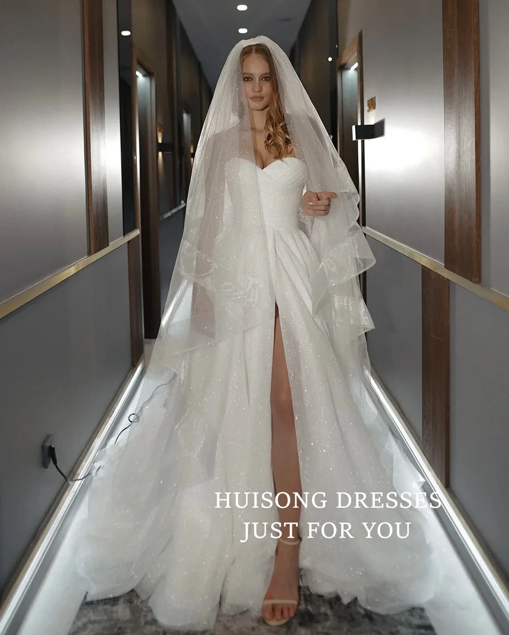 

HUISONG Customized свадебное платье Glitter Tulle Wedding Dresses with Bow Sweetheart Side Split A-Line Bridal Go