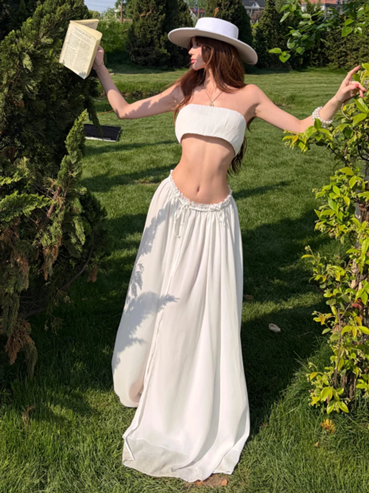 

Casual Vacation Style Short Strapless Top Low Waist Belted Maxi Split Skirt Set Floor Length Half Skirt Ensemble Women's Fashion
