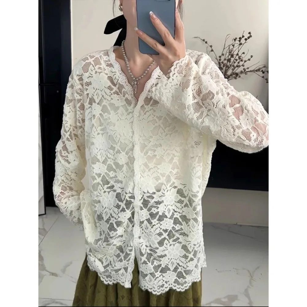 

Elegant Hollow Out Lace Blouses Women Sexy Sweet Long Sleeve Blouses Mujer Tops See Through Fashion Summer Black Shirts