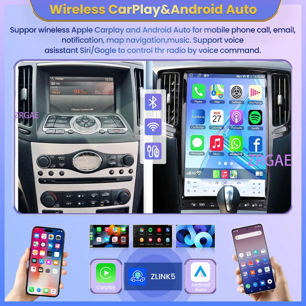14.5” Android15 For Infiniti G4 G25 G35 G37 2006-2013 Tesla Style GPS Navigation Car Multimedia Video Player Carplay Auto BT 4G