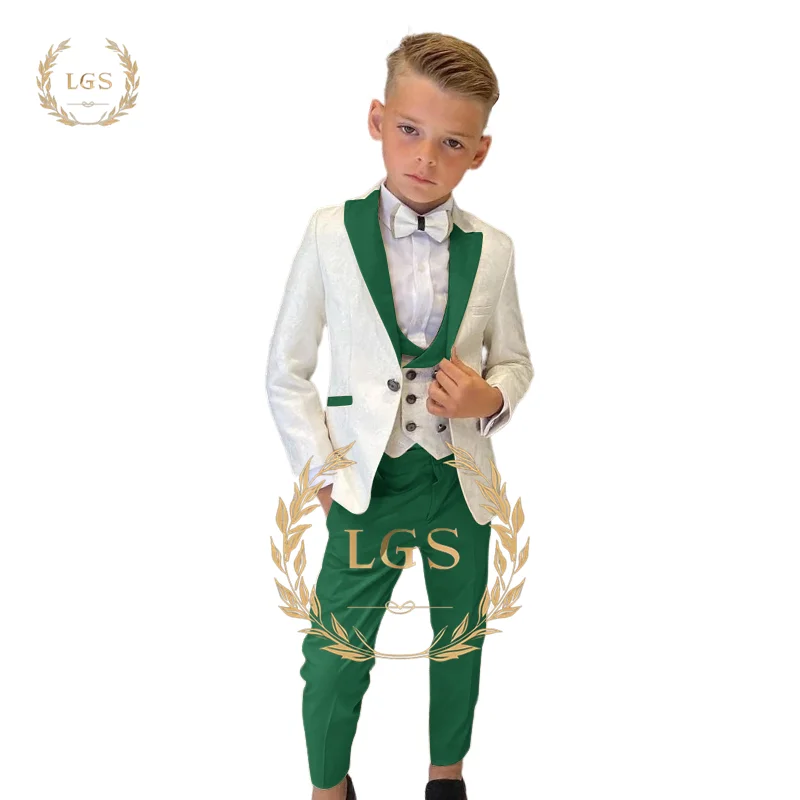 Boy\'s Suit Wedding Tuxedo 3 Piece Set - Double Breasted Vest, Blazer and Green Pants