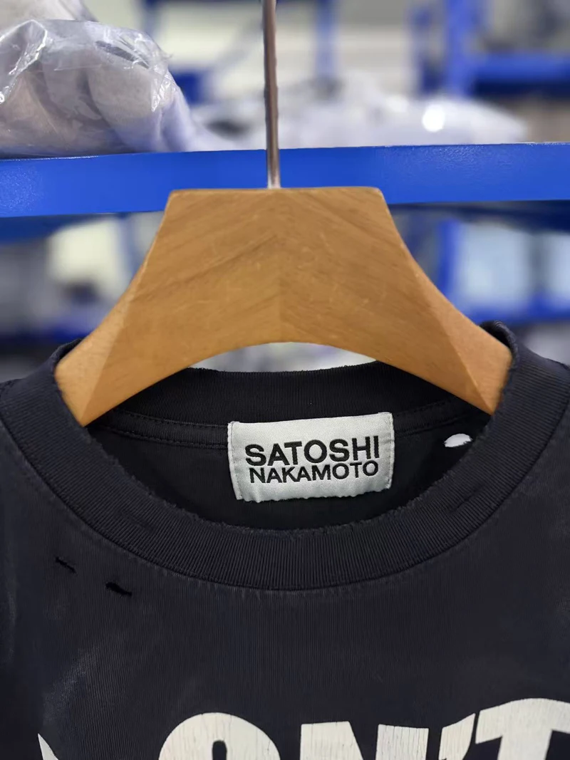 SATOSHI Vest Cracked Letter Print Washed Worn Out Distressed Camisole Retro Black Sleeveless T-shirt Men Women Tank Tops