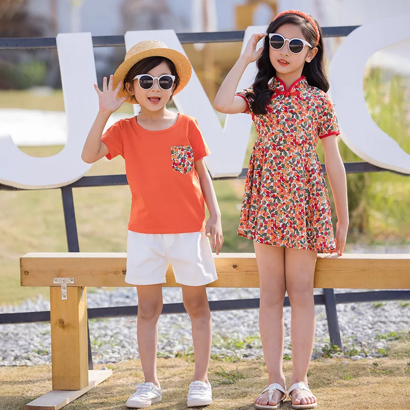 Summer Family Matching Outfits Mother Daughter Cheongsam Dresses Dad Son Cotton T-shirt &Shorts Holiday Matching Couple Clothes