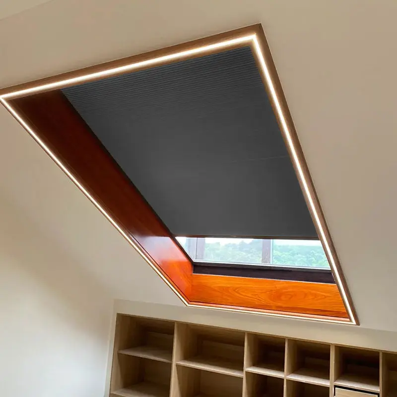 Motorized Cellular Shades Factory Price Customized Size Roof Window Blackout Cordless Framed Horizontal Skylight Honeycomb Blind
