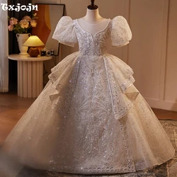 Shiny Hand-made Pearls Sequins Flower Dresses For Wedding Luxury O-neck Puff Sleeve Girls Ball Gown Piano Performance