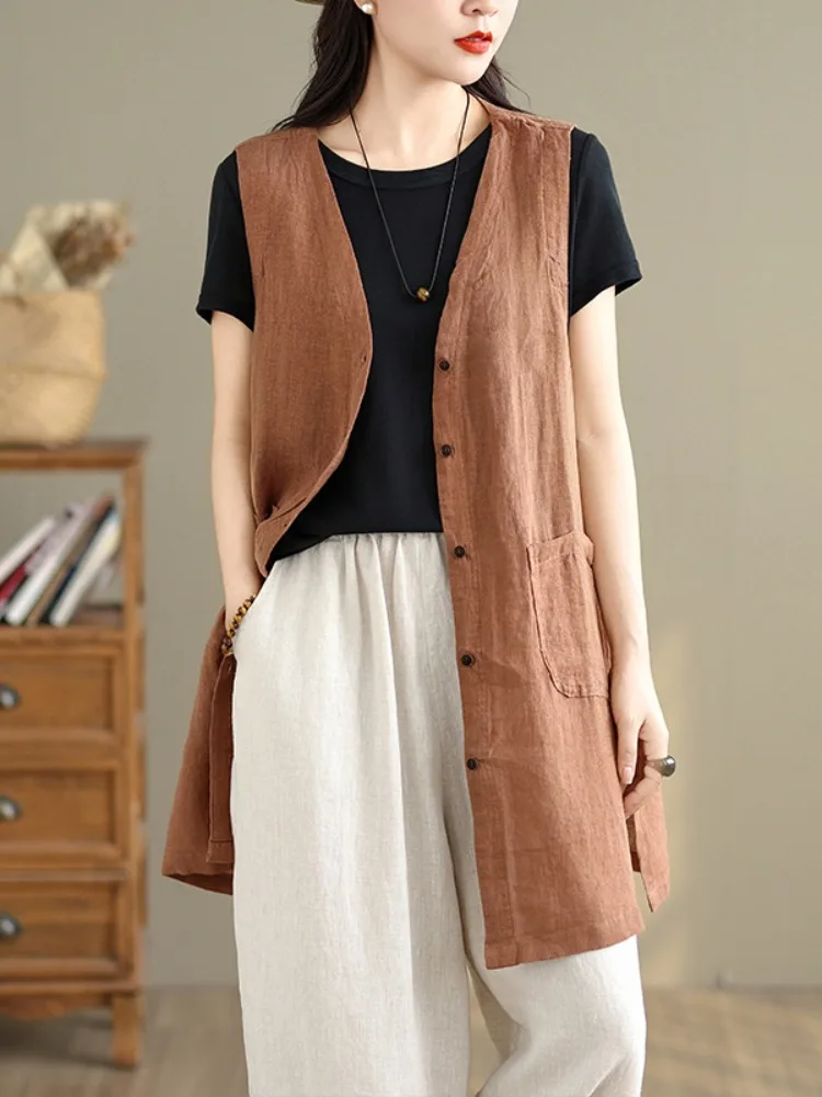 

Свободный хлопково-льняной жилет-накидка женский летний на одной пуговице с V-образным вырезом однотонный средней длины простой тонкий топ