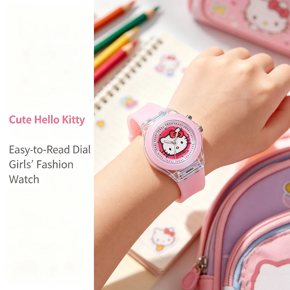 Cute Cartoon Pink Hello Kitty Kids Watches with Light-Up Purple Silicone Strap Girls Watch Children Student Quartz Clock Gift