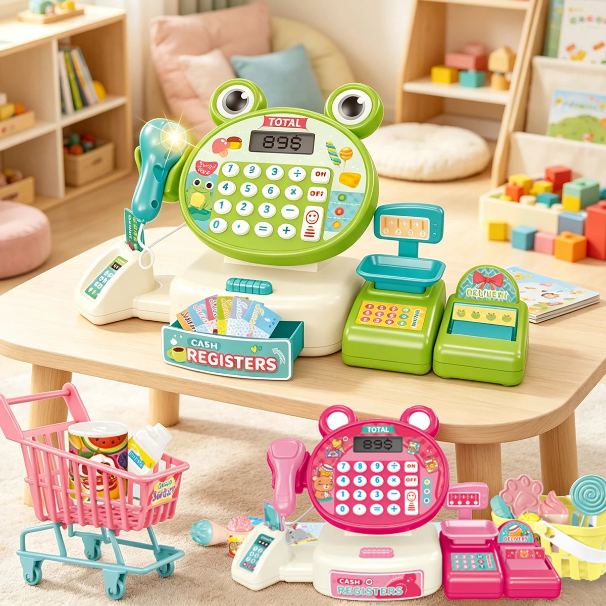 Electric Cash Register Playing House Toys for Kids, Supermarket Checkout Calculator Convenience Store Halloween Christmas Gifts