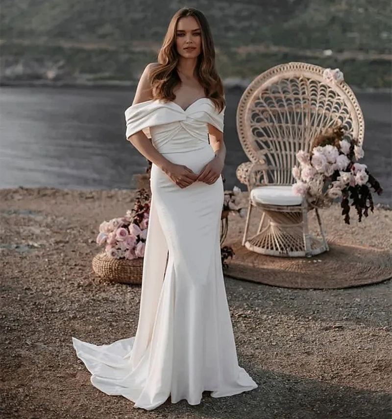 Simple Satin Mermaid Wedding Dress Off The Shoulder Lace-Up 2024 Elegant Long Bridal Gowns Formal Reception Dresses Robe