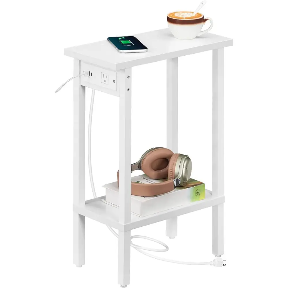 2-Tier Slim End Table with Charging Station, Open Storage Nightstand for Small Spaces, Suitable for Living Room, Bedroom, and St