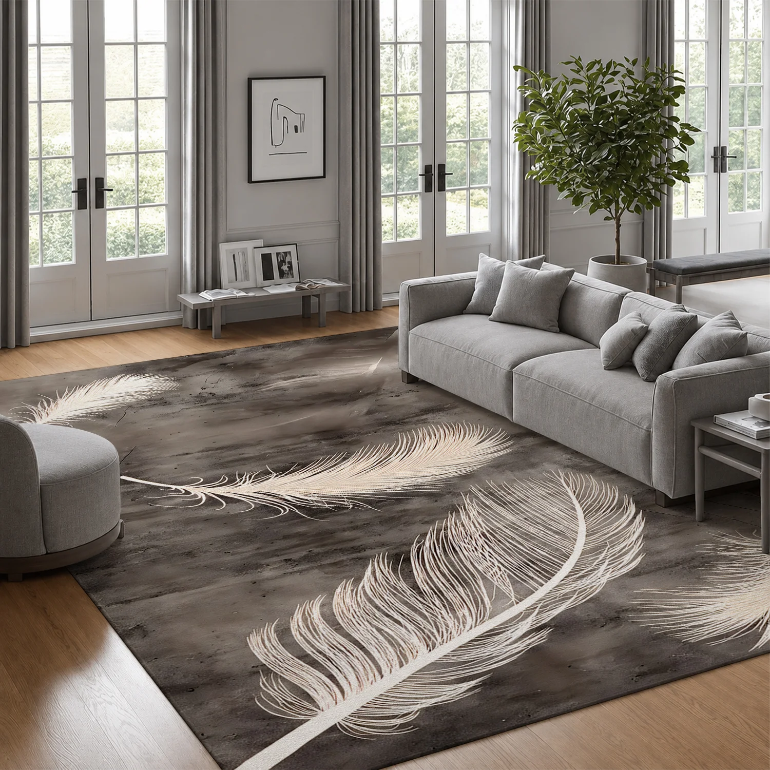 Large Indoor Area Rug, Soft Velvet Low Pile Rug with Non-slip Dotted Backing, Machine Washable White Feather Pattern Gray Abstract Rug for Living Room Bedroom