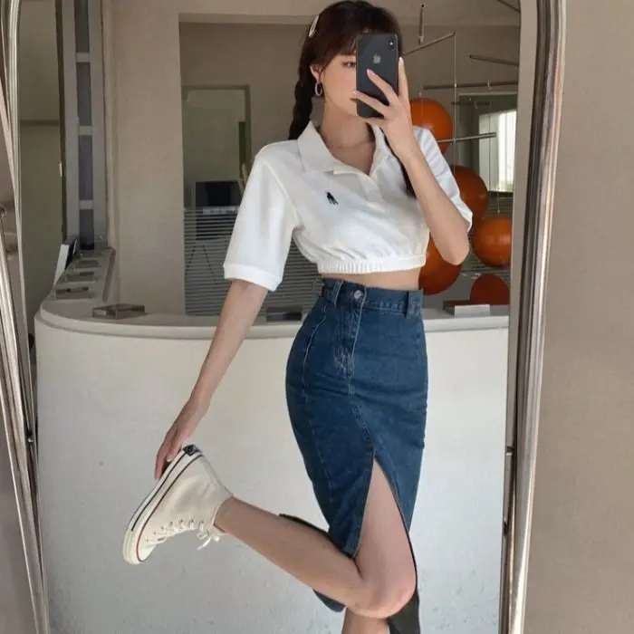 Korean Style High Waist A-Line Midi Skirt Women's Spring Summer New Fashion Denim Split Skirts Elegant Body Contouring Dresses