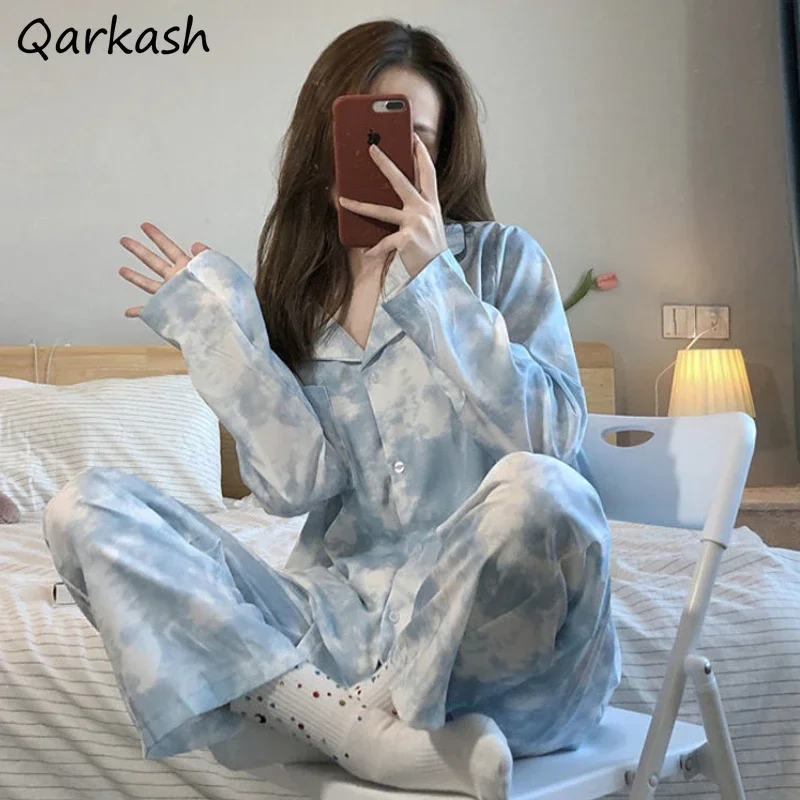 

Пижамные комплекты женские с отложным воротником простые для отдыха студентов корейский стиль однобортный весенний принт с длинными рукавами модная посадка