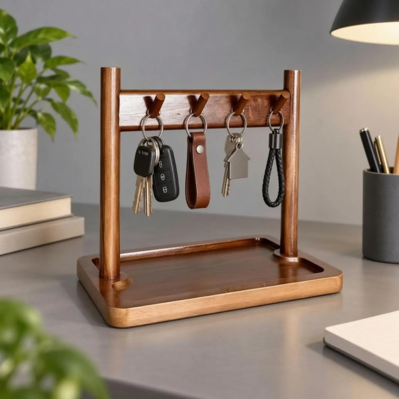 Tabletop Key Organizer with Storage Tray Multi-Functional Wooden Entryway Valet Tray with Key Hooks Natural Wood Grain