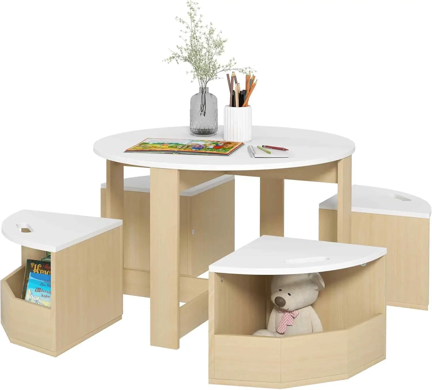 

Toddler Table and Chairs Set, 5 Pieces Round Kids Activity Table with Storage for Play, Art, Craft, Drawing, Playroom, Classroom