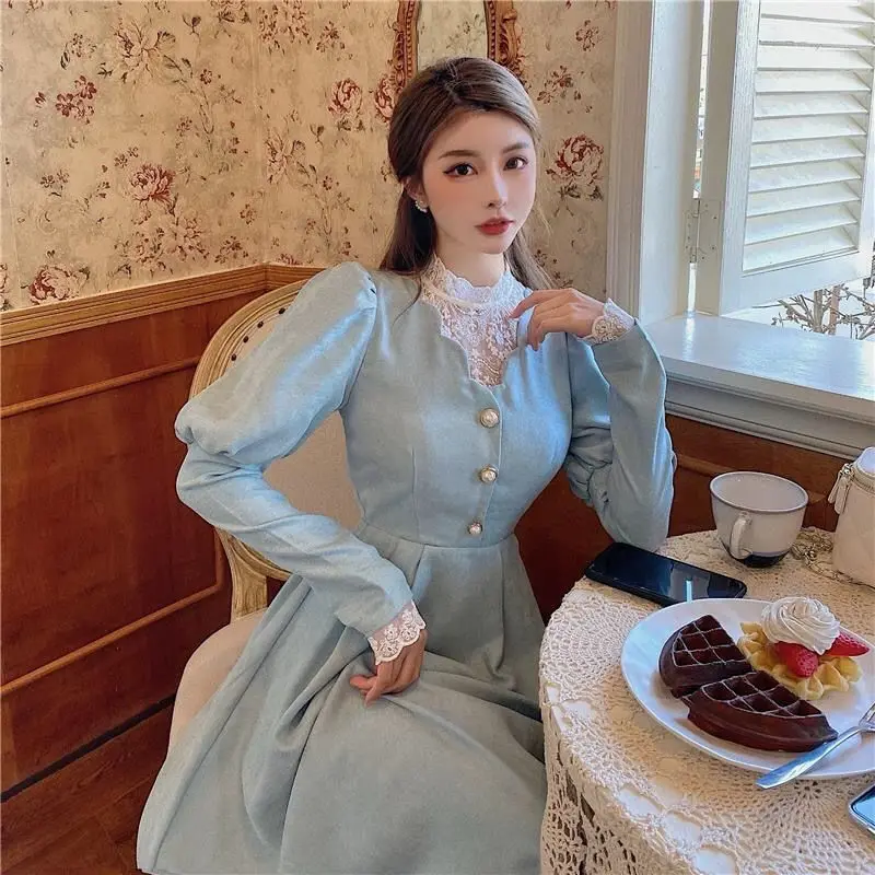 Ofallsis French Court Style Lace Patchwork Waist Fairy Dress 2024 Spring Autumn Vintage Elegant Ladylike Temperament Dresses