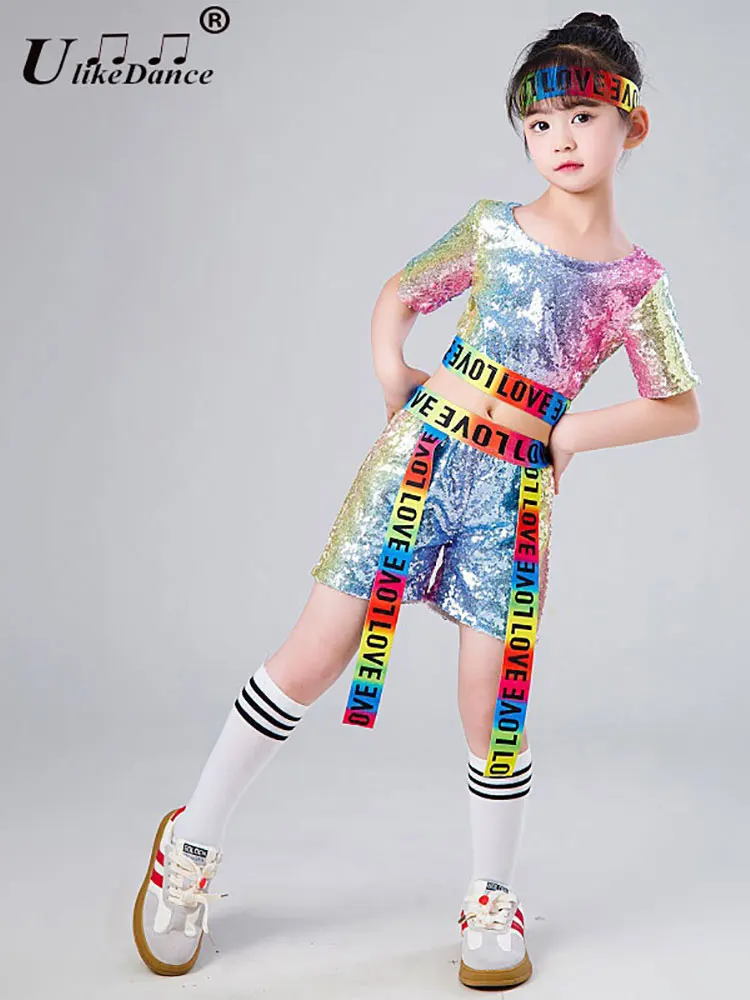 Pakaian anak-anak berpayet Hip Hop gadis atasan menari ketukan Jazz + celana pakaian panggung dansa Anak laki-laki kostum pakaian dansa pesta dansa