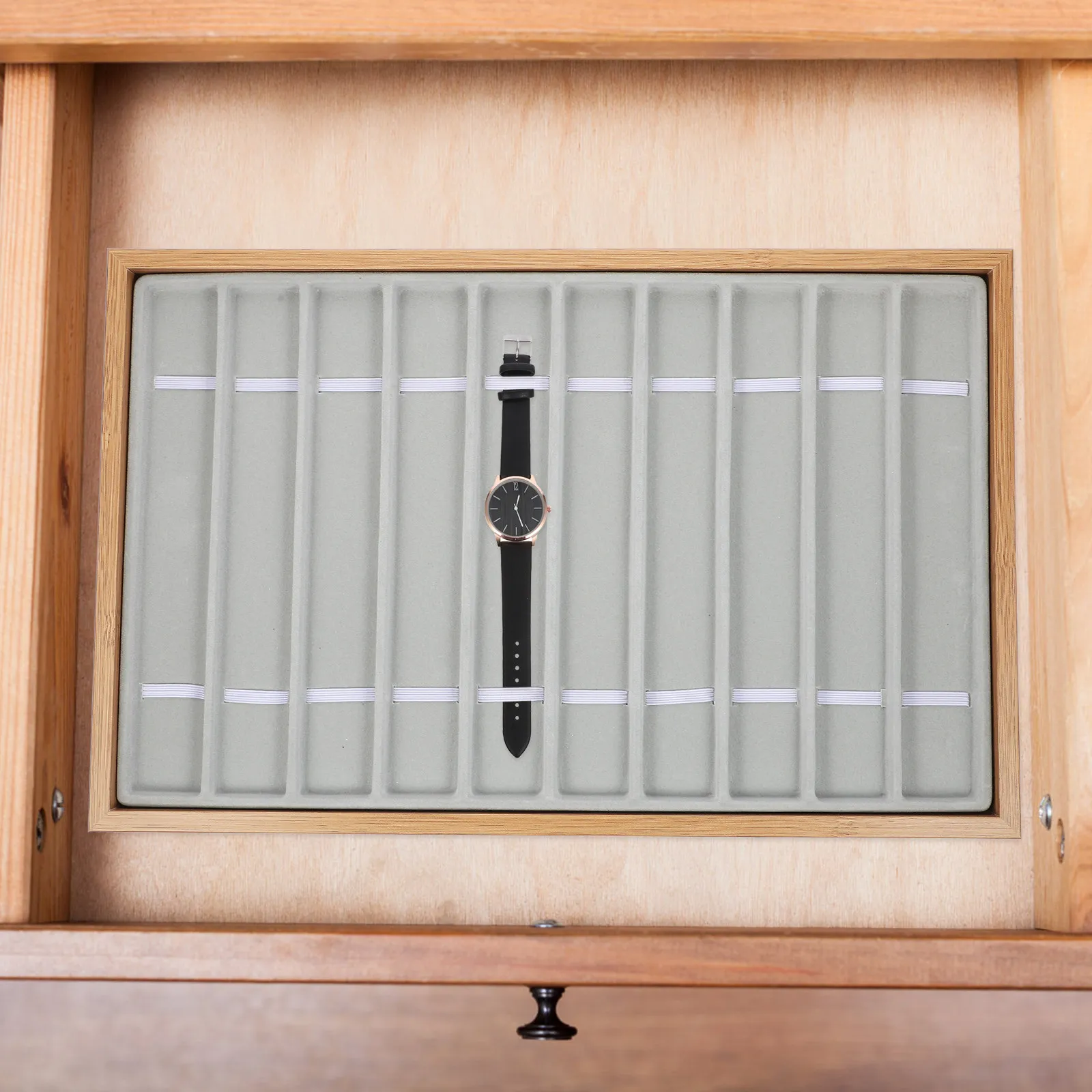 

Watch Display Tray Wooden Flocked Jewelry Storage Plate Bracelet Organizer Vintage Decorative Gift Travel Safe Dustproof