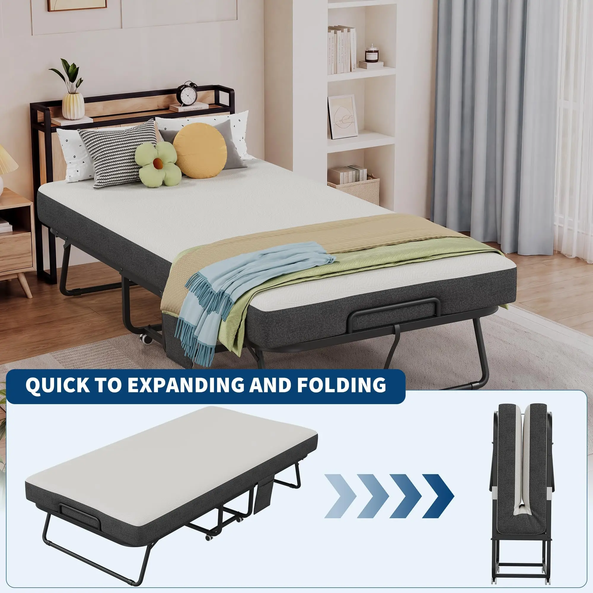 Folding Rollaway Bed 75 x 31/38/45 In With 5 Inch Memory Foam Mattress, Locking Wheels, Side Pocket, Portable Guest Bed For Home view 7