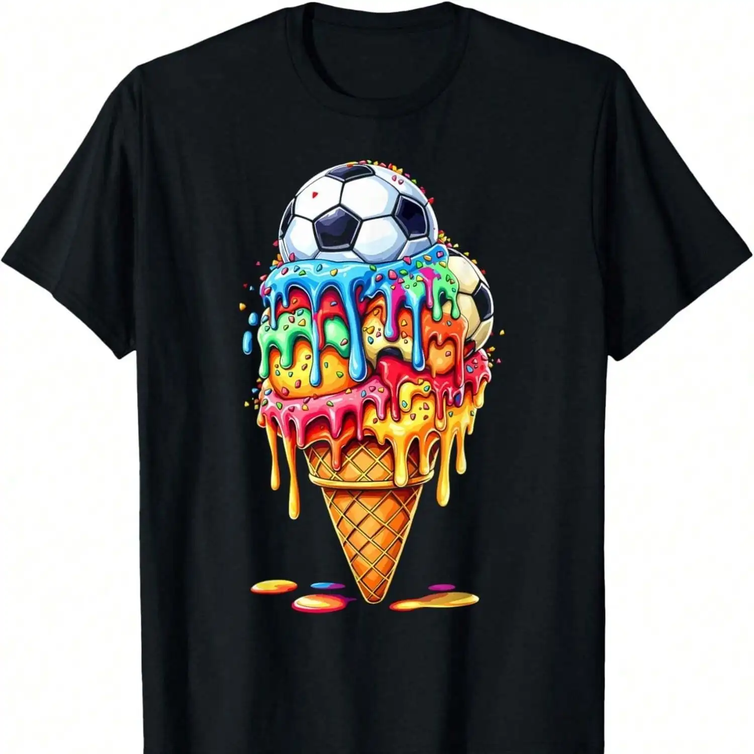 100% Cotton Soccer T-Shirt, Ice Cream Drip with Sprinkles Graphic Tee for Adults, Funny Soccer Lover Shirt, Sports Fan Casual Short Sleeve Unisex Gift T-Shirt