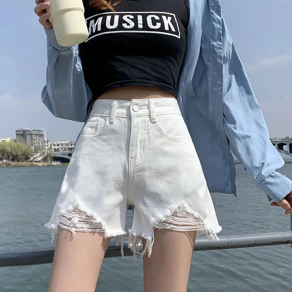 High Waist A-Line Mini Shorts Women's Solid Color Denim Spring Summer Thin Style Worn-In Frayed Trendy Female Hot Pants