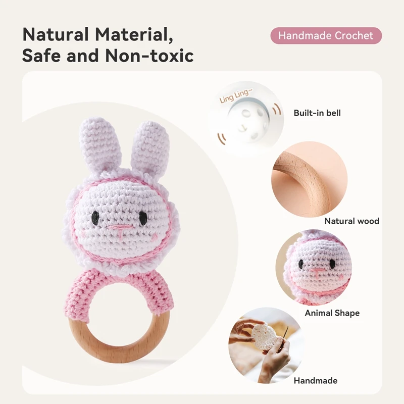 1PC Crochet Toy Animal Bunny Rattle Wooden Teether Ring Soother Bracelet Baby Product Mobile Pram Crib Wooden Toys Newborn Gifts