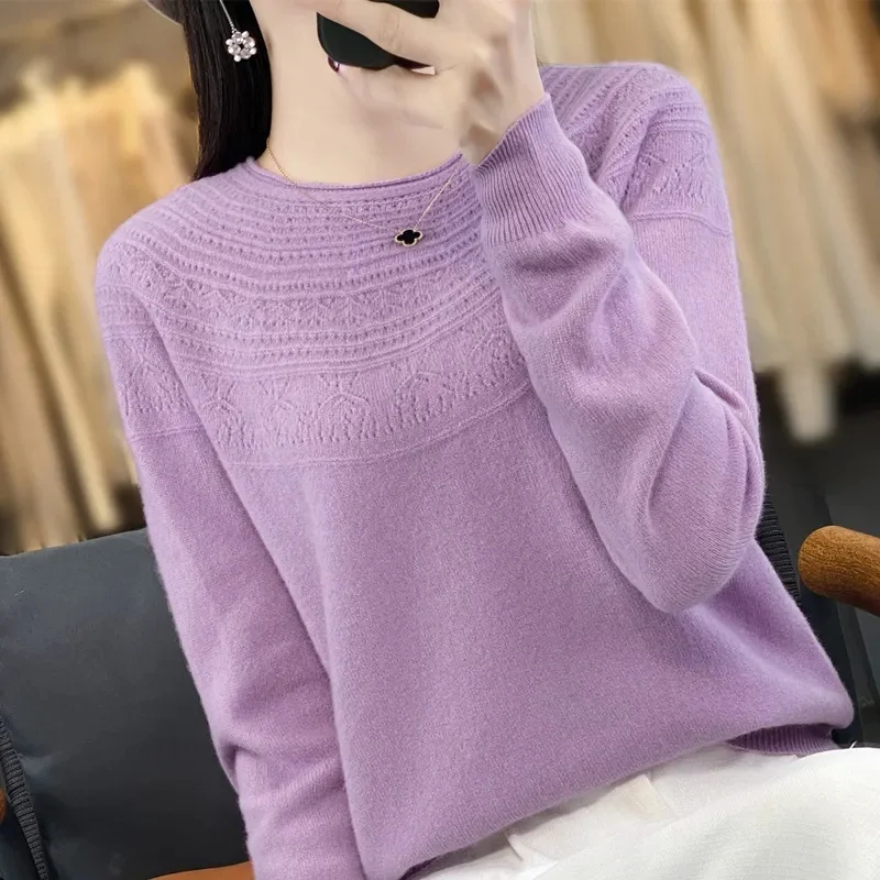 100% Merino Wool Knitted Sweater Autumn/Winter 2025 New Women's Round Neck Hollow Top Pullover Versatile Coat
