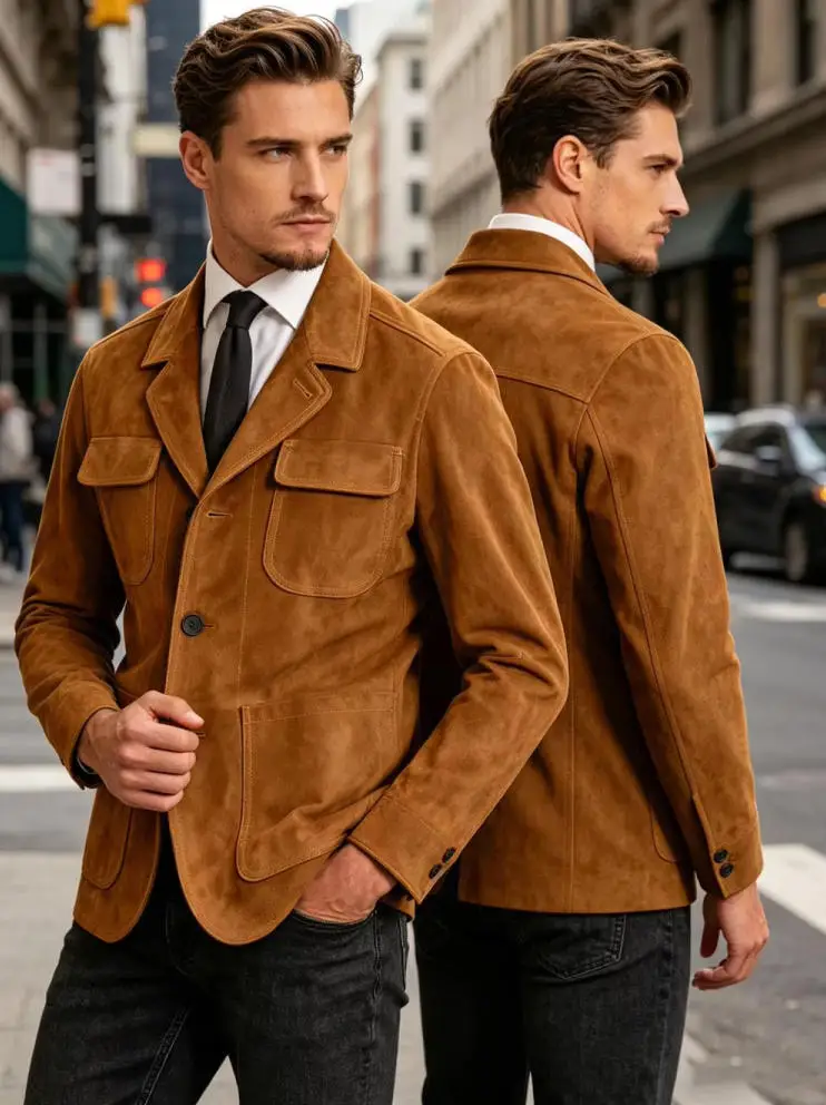 Classic Brown Men's Suede Safari Jacket Elegant Business Vintage Multi-Pocket Casual Blazer Casual Fashion Daily Wedding Party