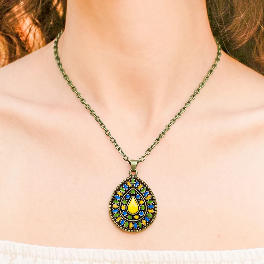 Vintage Bronze Teardrop Enamel Necklace and Earring 3-Piece Set – Bohemian Ethnic-Style Color-Block Jewelry Set for Women
