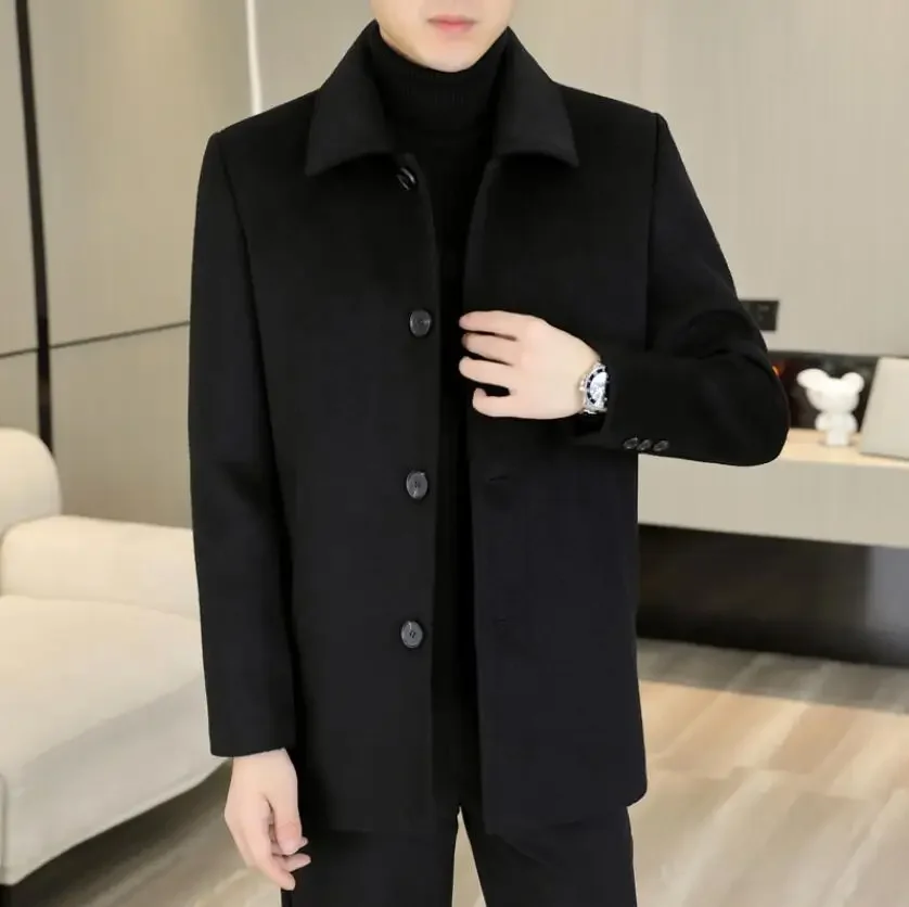 Business Casual Winter Men's Cotton Thicken Overcoat Solid Warm Mid-Length Windbreak Jackets Outwear Woolen Coats Trench