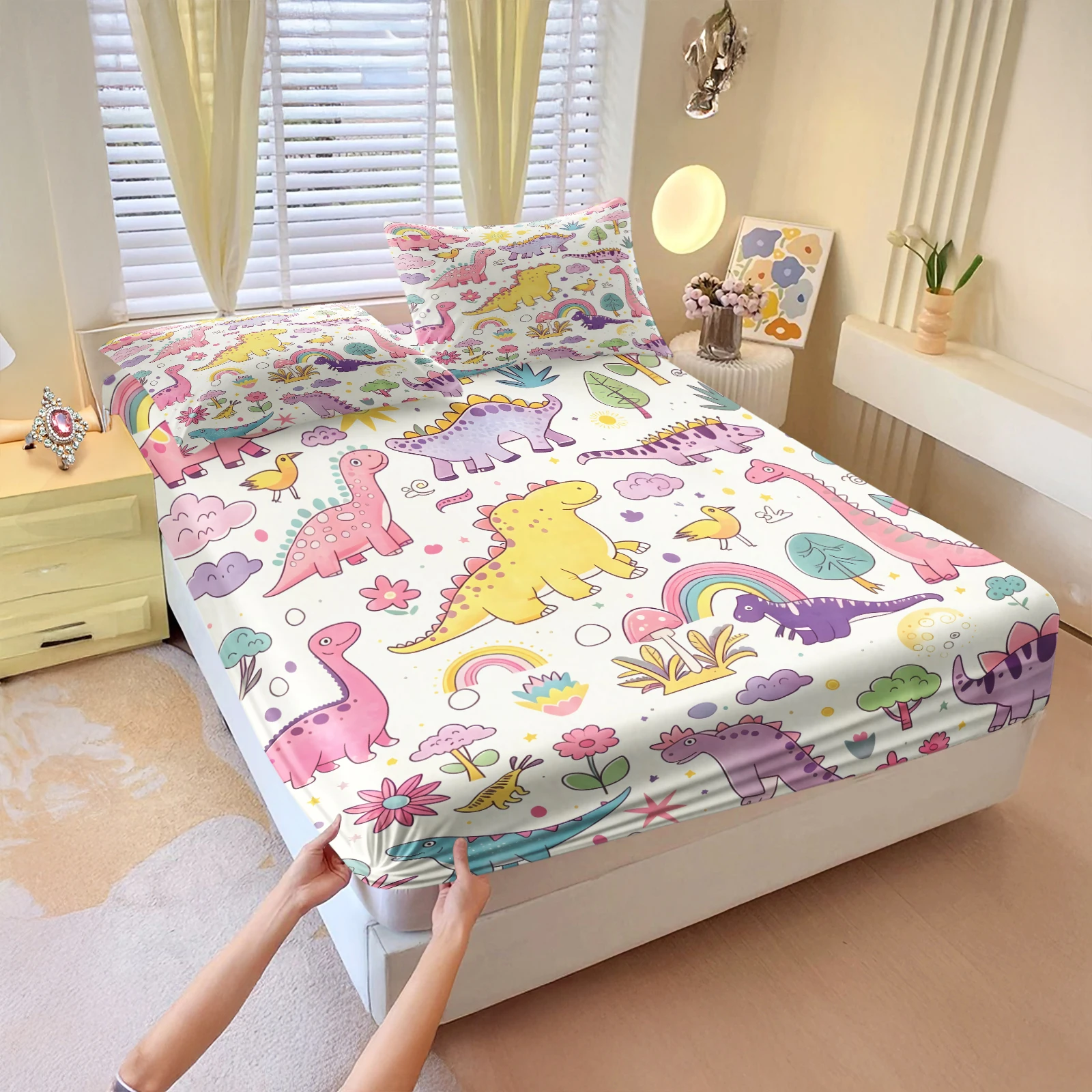 Pastel Dinosaur Fitted Sheet Set Cute Colorful Dinosaur Rainbow Print Elastic Deep Pocket Bed Sheet Novelty Animal Bedding Set