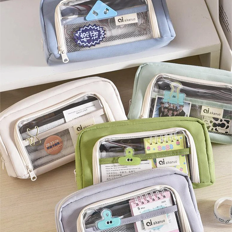 Large Capacity Transparent Window Stationery Pen Bag Student Stationery Box Simple Good-looking Pencil Bag Storage Bag Gifts