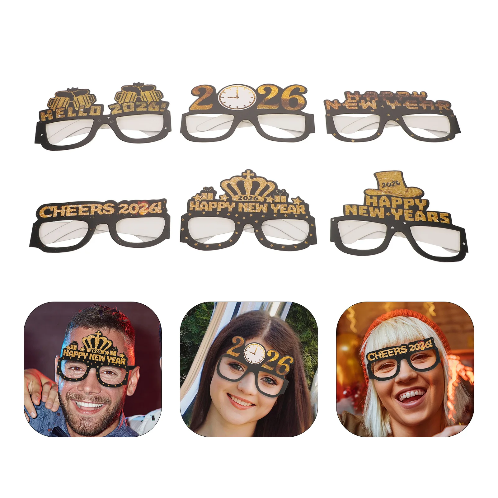 

5Sets 2026 New Year Party Paper Eyeglasses Festive Glitter Happy Nye Glasses Photo Booth Props Celebration Decorations