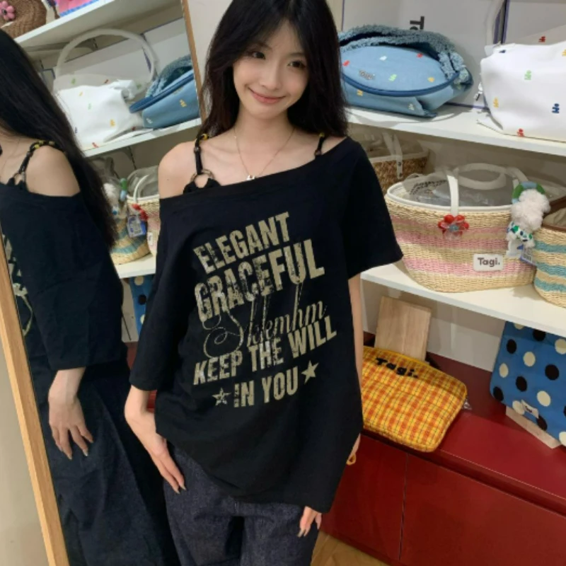Design Letter Short Sleeved T-shirt for Women Summer 2026 Fashionable Lazy Style Slimming and Versatile Student Temperament Top