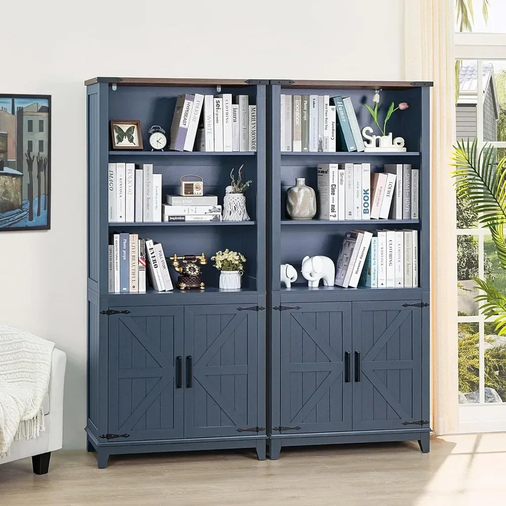 70in Tall Bookshelf 5 Tier Bookcase with Barn Doors and Adjustable Shelves, Blue Farmhouse Book Shelf with Storage Cabinet