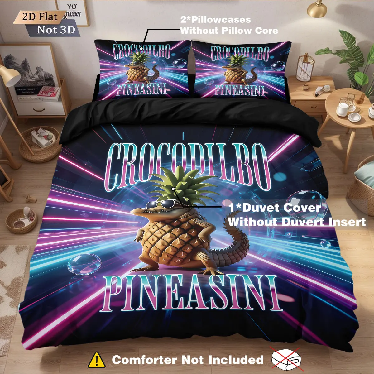 

Комплект постельного белья без чипсов с принтом ананаса и крокодила, 3 шт., несколько размеров, для спальни, общежития, мягкий и удобный, можно стирать в машине