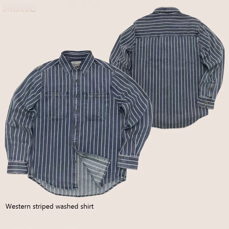 

RRL Sle Waed Pure Cotton Heavyweight Men's Striped Denim irt Western Cowboy American Sle Autumn Stand Fit Long Sve